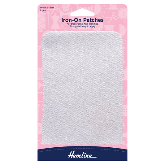 hemline iron on polycotton twill patches 10 x 15cm white pack of 2