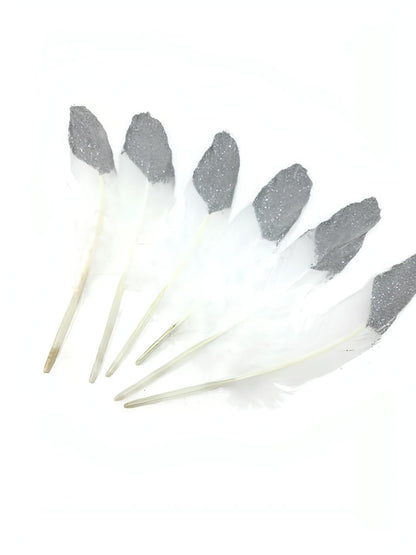Half Silver Glitter-Dipped Feathers - 20cm (Pack of 6)